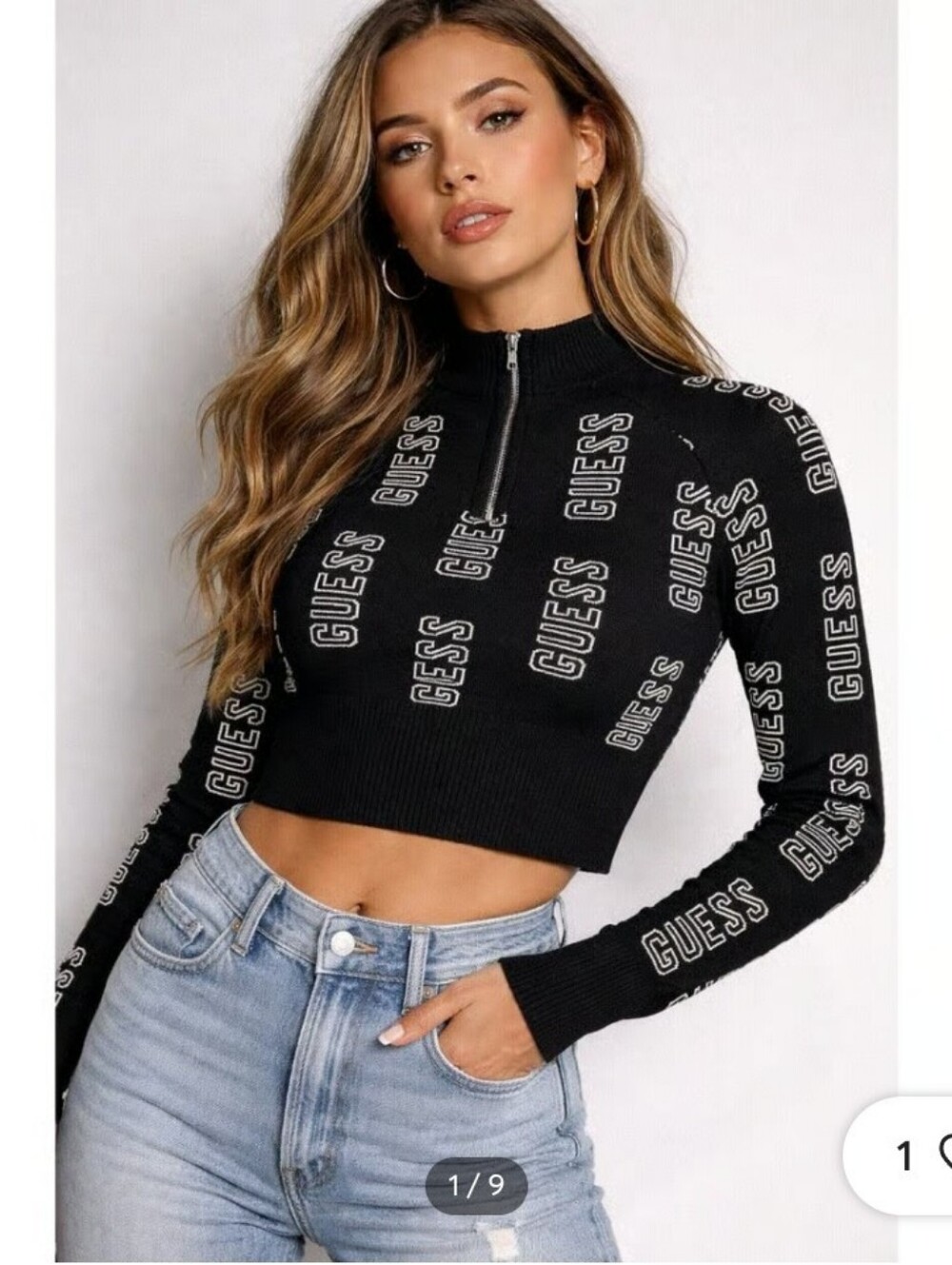 Women's M Vintage Guess 1/4 Zip Crop Knit Sweater Black Long Sleeve